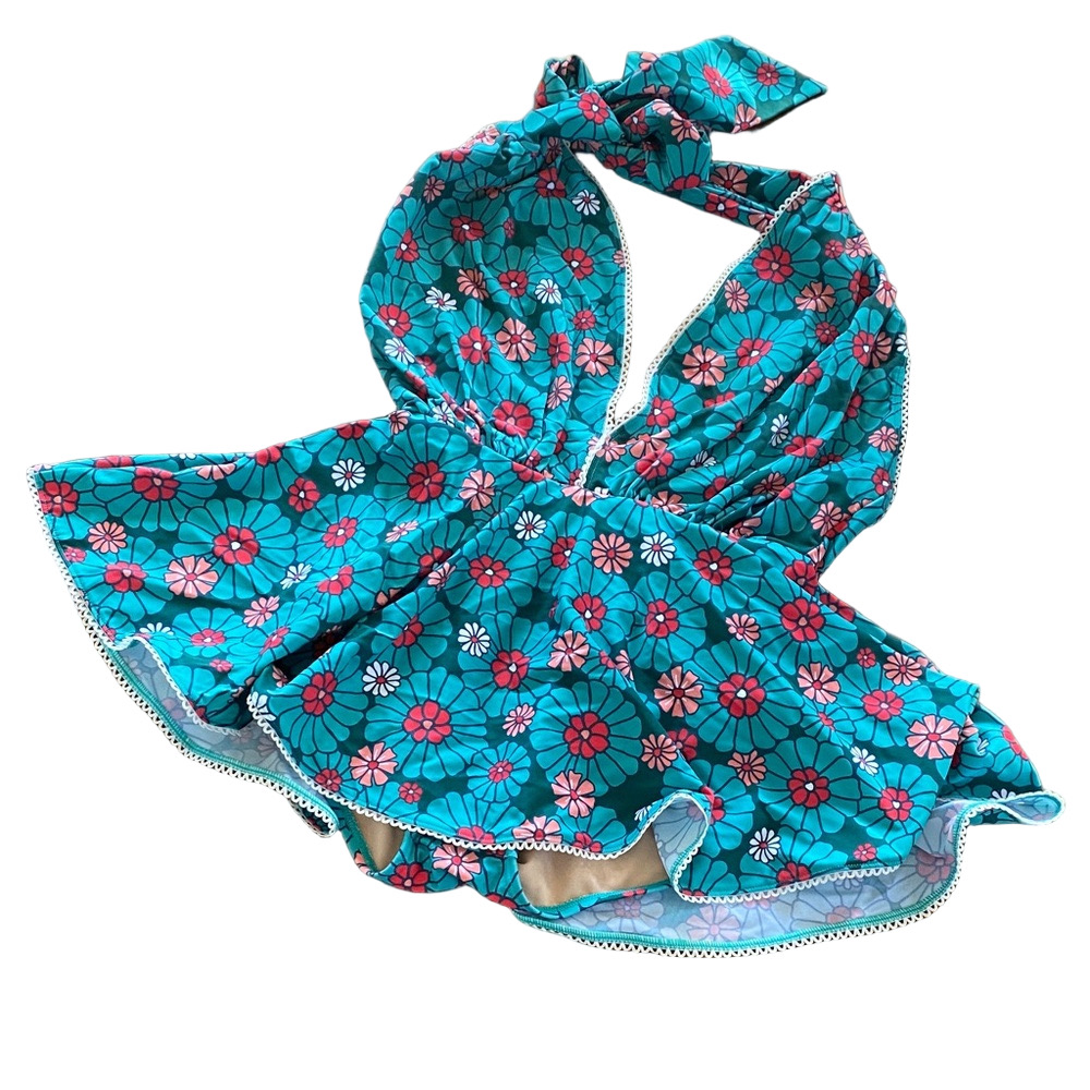 Unique Vintage Teal Floral One-Piece Swimsuit with Pink and White Flowers